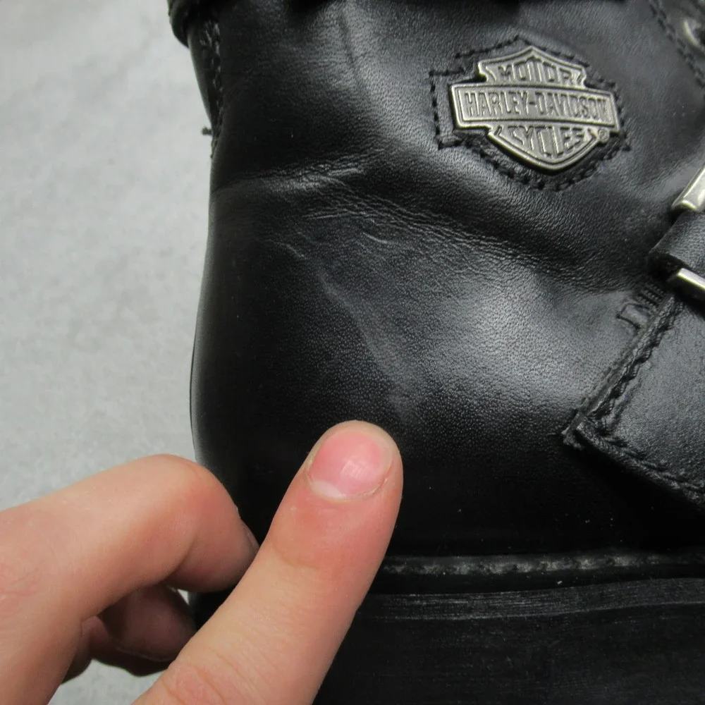 Harley Davidson Men 7.5 Moto Boots Black Leather Buckle Side Zip Lug Sole Travel